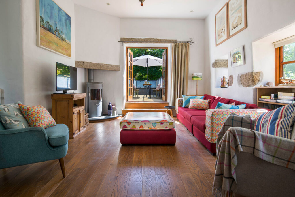 Living area at An Skiber Barn dog friendly holiday accommodation in Constantine near Falmouth