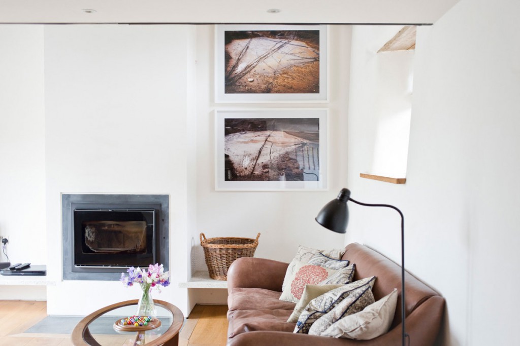 Living area inside Howthere Barn boutique holiday cottage at Kestle Barton near Helford